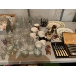 A LARGE ASSORTMENT OF GLASS, CHINA AND FLATWARE