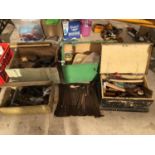 FOUR VINTAGE BOXES WITH CONTENTS TO INCLUDE PLANE, FILES ETC.