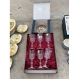 A SET OF SIX CUT GLASS WINE GOBLETS AND A BOHEMIA CUT CRYSTAL BOWL