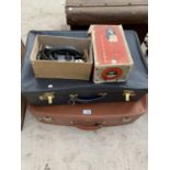 TWO VINTAGE SUITCASES WITH A VINTAGE IRON