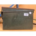 A VINTAGE GREEN METAL AMMUNITION BOX WITH HANDLE