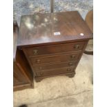 A SMALL MAHOGANY CHEST OF FOUR DRAWERS AND MAHOGANY CIRCULAR OCCASIONAL TABLE