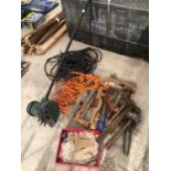 A QUANTITY OF TOOLS TO INCLUDE WOOD PLANES, HAMMERS, ELECTRIC LEADS ETC.