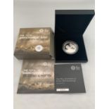 A BOXED 2014 ROYAL MINT ALDERNEY 70TH ANNIVERSARY OF D DAY SILVER PROOF 5 POUND COIN WITH