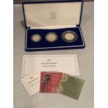 A BRITTANIA 2003 SILVER PROOF THREE COIN SET - £2, £1 & 50P IN PRESENTATION BOX WITH CERTIFICATE