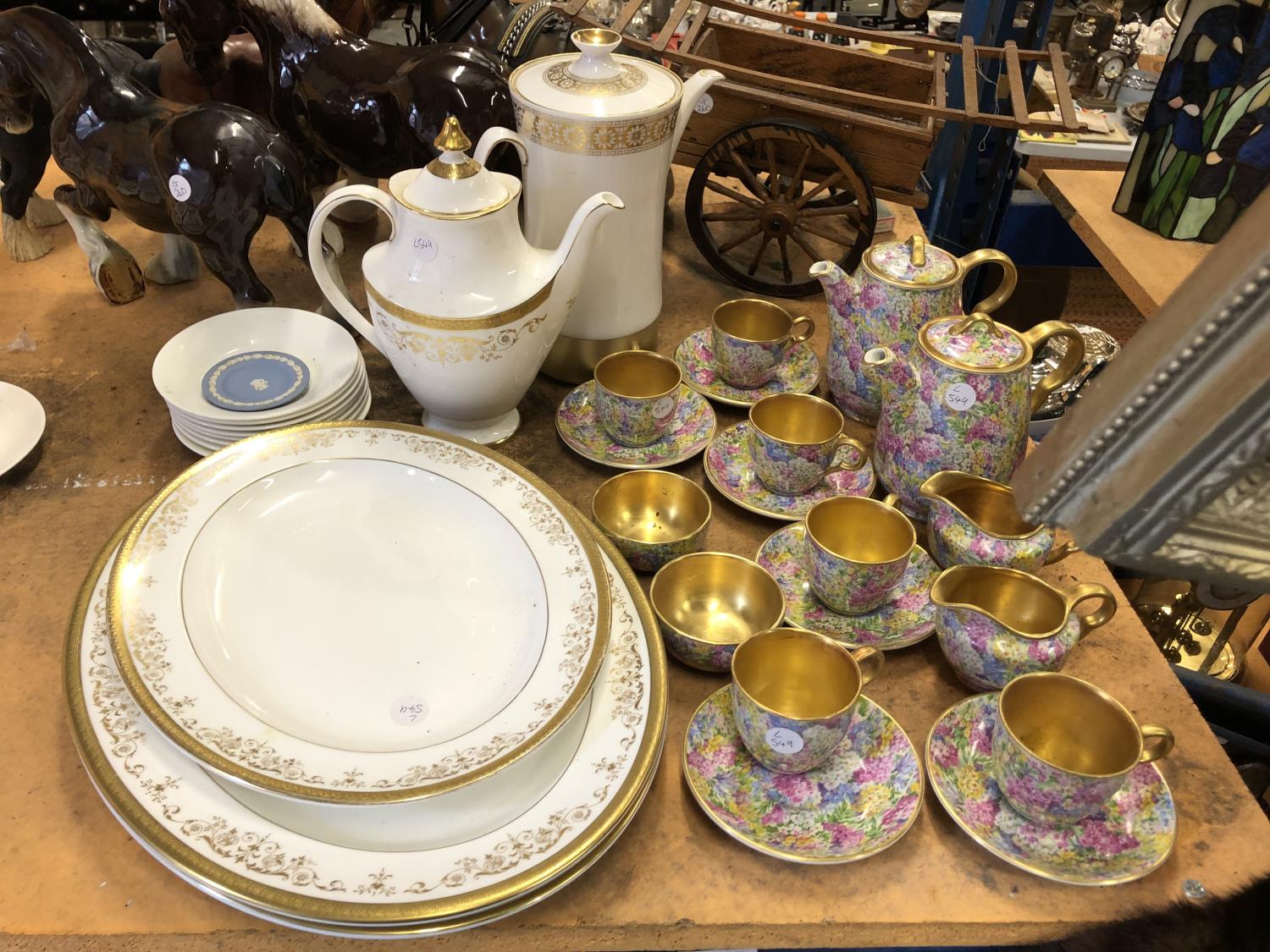 A PRETTY FLORAL MADDOCK COFFEE SET AND THREE ROYAL DOULTON 'BELMONT' PLATTERS WITH COFFEE POT