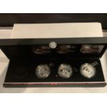 A COUNTDOWN TO 2012 FOUR COIN SILVER PROOF £5 (ONE COIN MISSING) IN PRESENTATION BOX WITH