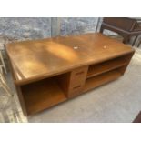 A VINTAGE TEAK 'PANDORA'S BOX' COFFEE TABLE ENCLOSING SHELVES AND TWO SMALL DRAWERS, 47x23"