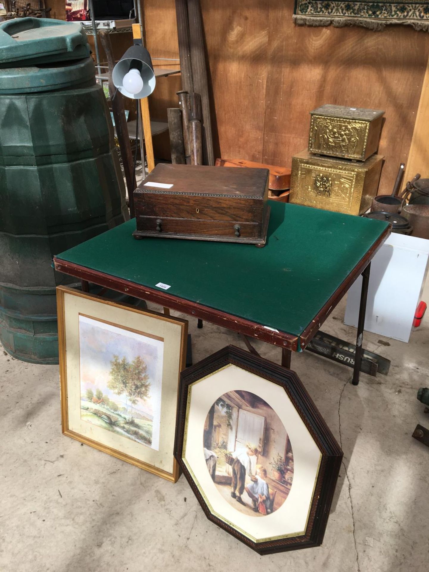 A LIDDED WOODEN BOX WITH ONE DRAWER AND BEAD DETAILING, A FOLDING CARD TABLE, TWO PICTURES, LAMP