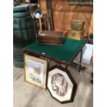 A LIDDED WOODEN BOX WITH ONE DRAWER AND BEAD DETAILING, A FOLDING CARD TABLE, TWO PICTURES, LAMP