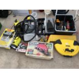 A LARGE QUANTITY OF ITEMS TO INCLUDE A STEERING LOCK, A PAINT STRIPPER AND VARIOUS TOOLS