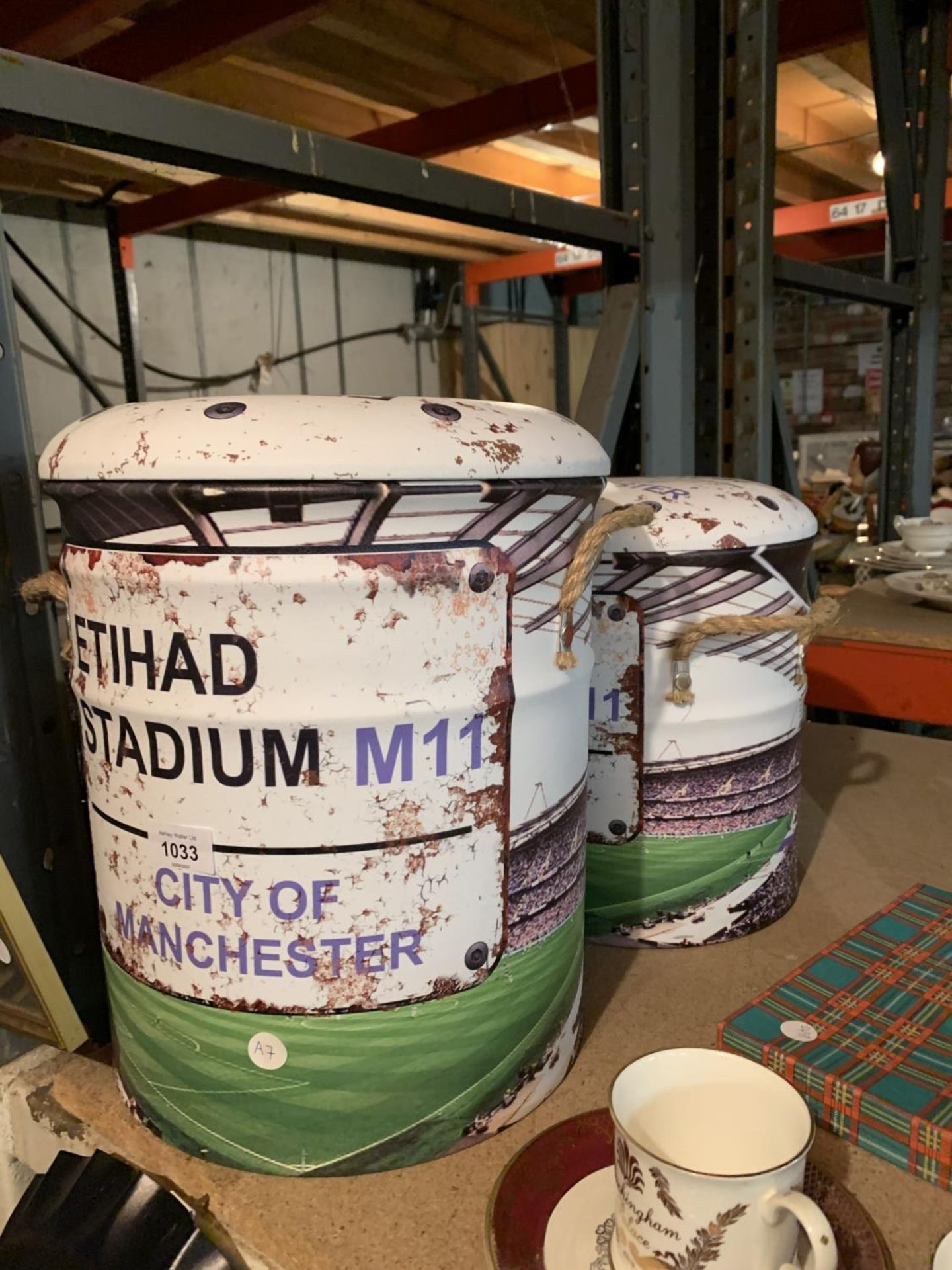 TWO MANCHESTER CITY ETHIAD STADIUM FOOTBALL STORAGE AND STACKING STOOLS
