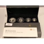 A BRITTANIA 2008 SILVER PROOF FOUR COIN SET - £2, £1, 50P & 20P IN PRESENTATION BOX WITH CERTIFICATE