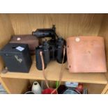 A PAIR OF FISHER BINOCULARS, DIETZ BINOCULARS, A KODAK CAMERA CASE ETC.