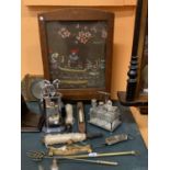 AN ECLECTIC ASSORTMENT OF VARIOUS ITEMS TO INCLUDE BRASSWARE AND A VINTAGE EMBROIDERED FIRE SCREEN