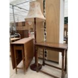 A VINTAGE TEAK DROP-LEAF TABLE, STANDARD LAMP COMPLETE WITH SHADE AND A SMALL SIDE TABLE