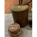 A VINTAGE RATTAN SEWING BASKET AND A SMALL WOODEN VINTAGE LAUNDRY BASKET WITH UPHOLSTERED LID AND