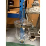 AN ARTS AND CRAFTS STYLE GLASS DOME DROP LAMP WITH ETCHING