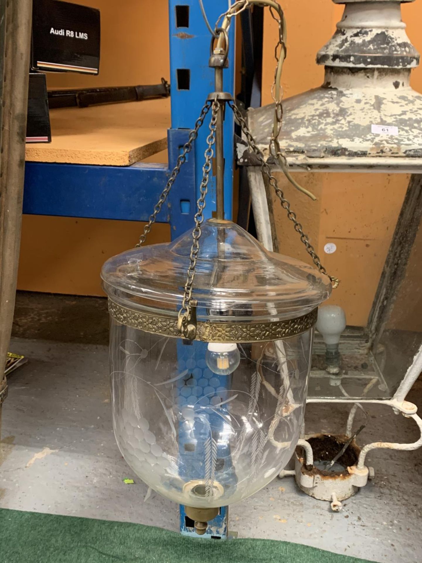 AN ARTS AND CRAFTS STYLE GLASS DOME DROP LAMP WITH ETCHING