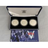 A CHANNEL ISLANDS SILVER PROOF THREE £5 COIN SET AT THE END OF WW2 IN PRESENTATION BOX WITH