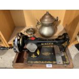 A SINGER SEWING MACHINE WITH METAL INK WELL ETC