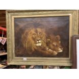 A GILT FRAMED OIL ON CANVAS - LIONS, SIGNED S BATIMO