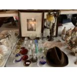 AN ASSORTMENT OF VARIOUS ITEMS TO INCLUDE GLASS PAPERWEIGHTS, TWO FRAMED AND SIGNED LESLEY AGGAR