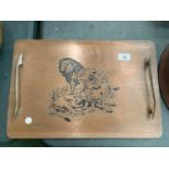 A RHODESIAN COPPER TRAY WITH HANDLES DEPICTING A FAMILY OF LIONS