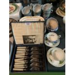 A SELECTION OF CHINA WARE TO INCLUDE SPODE AND A VINTAGE HINGED BOX OF FISH KNIVES AND FORKS
