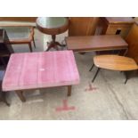 AN UPHOLSTERED STOOL ON PINE BASE, TEAK 1950'S BLACK LEG COFFEE TABLE AND A TEAK EFFECT BENCH ON