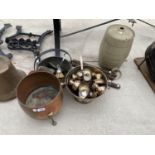 A FOOTED COPPER CAULDRON, A BRASS JAM PAN, SET OF BELLOWS, AN EPNS PUNCH BOWL SET, FOUR METAL ROPE