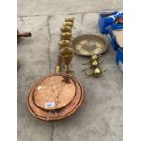 A COPPER WARMING PAN, SIX BRASS GOBLETS ETC