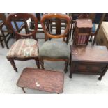 A FOLDING BED RAY, PAIR OF VICTORIAN BALLOON BACK CHAIRS, A SMALL CHEST AND FRENCH STICK CONTAINER