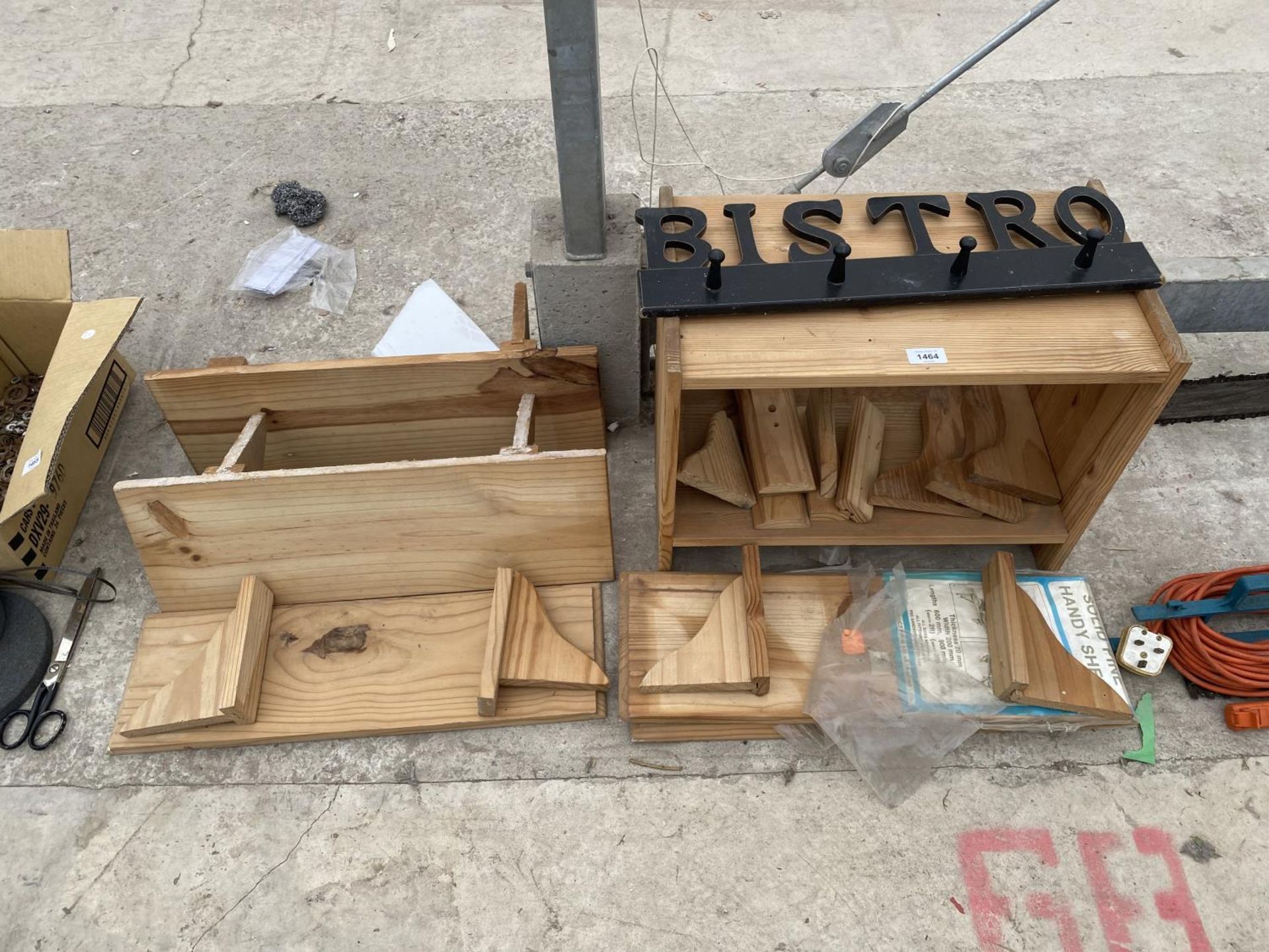 VARIOUS PINE SHELVES AND A BISTRO SIGN