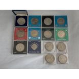 FOURTEEN VARIOUS CUPRO NICKEL COMMEMORATIVE CROWNS IN PRESENTATION BOXES