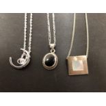 THREE SILVER NECKLACES - ONE BUCKSTONE, ONE SQUARE AND ONE SOLITAIRE