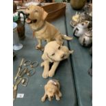 THREE STONE GOLDEN LABRADOR ORNAMENTS FROM PUPPY TO ADULT