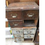A WOODEN FOUR DRAWER (ONE MISSING) VINTAGE SET OF DRAWERS WITH BRASS HANDLES AND A FURTHER SET OF