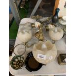 A BRASS THREE LIGHT FITTING, A PAIR OF CERAMIC WALL LIGHTS WITH GLASS SHADES, A FURTHER GLASS SHADE,
