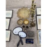 VARIOUS BRASS ITEMS, TECH DRAWING SET, HAND MIRRORS ETC