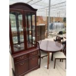 A MORRIS OF GLASGOW DINING TABLE, FOUR CHAIRS AND A TWO DOOR CABINET ON BASE