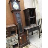 A TEMPUS FUGIT LONG CASE GRANDFATHER CLOCK WITH WEIGHTS AND PENDULUM, NEEDS REFIXING