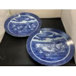 A PAIR OF JAPANESE HAND PAINTED BLUE AND WHITE MEIJI PERIOD HERON CRANE PLATES 38CM DIAMETER