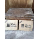 A WOODEN 3 SECTION STORAGE BOX W66CM, H24CM, D40CM AND TWO BOXED WINE RACKS