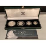 A BRITTANIA 2007 SILVER PROOF FOUR COIN SET - £2, £1, 50P & 20P IN PRESENTATION BOX WITH CERTIFICATE