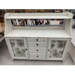 A PAINTED SIDEBOARD WITH CUPBOARD AND DRAWERS TO THE BASE, 56" WIDE