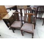 AN OAK DINING TABLE, VICTORIAN DINING CHAIR AND THREE OAK DINING CHAIRS