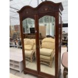 AN EDWARDIAN MAHOGANY AND INLAID DOUBLE MIRROR-DOOR WARDROBE, 52" WIDE