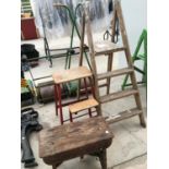 A VINTAGE THREE RUNG SET OF STEP LADDERS, A VINTAGE WOODEN STOOL AND A SET OF PULL DOWN CARAVAN