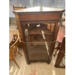 AN EDWARDIAN MAHOGANY AND INLAID GLAZED CORNER CABINET, 28" WIDE